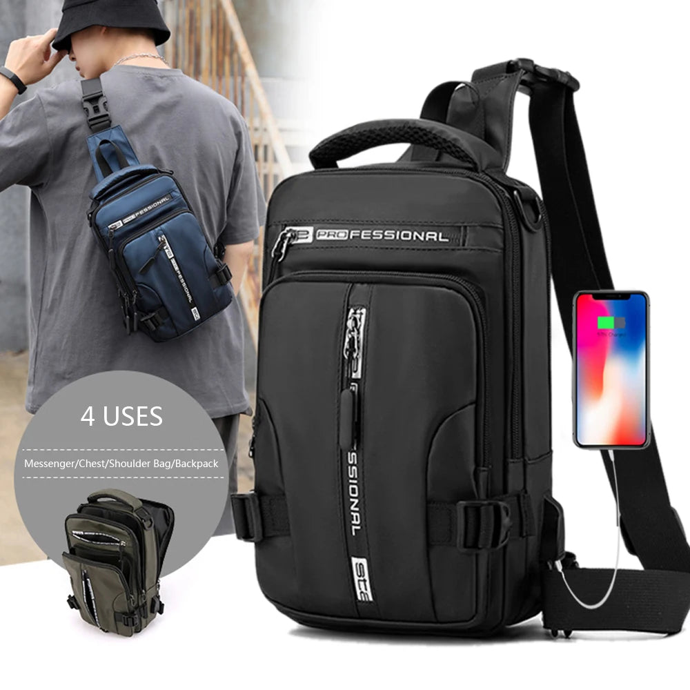 ❤️Men's Versatile Waterproof Nylon Sling Bag with 💋USB Charging Port - Crossbody🐬 Chest Shoulder Backpack for🌹 Travel and Daily Use