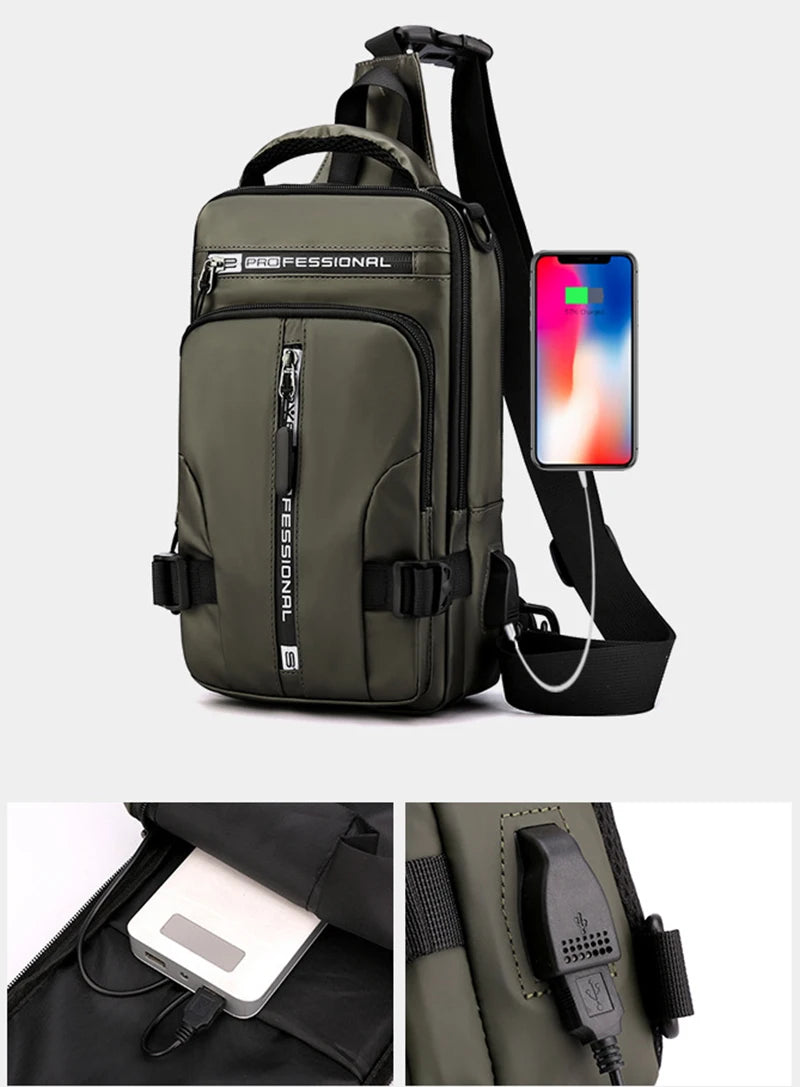 ❤️Men's Versatile Waterproof Nylon Sling Bag with 💋USB Charging Port - Crossbody🐬 Chest Shoulder Backpack for🌹 Travel and Daily Use